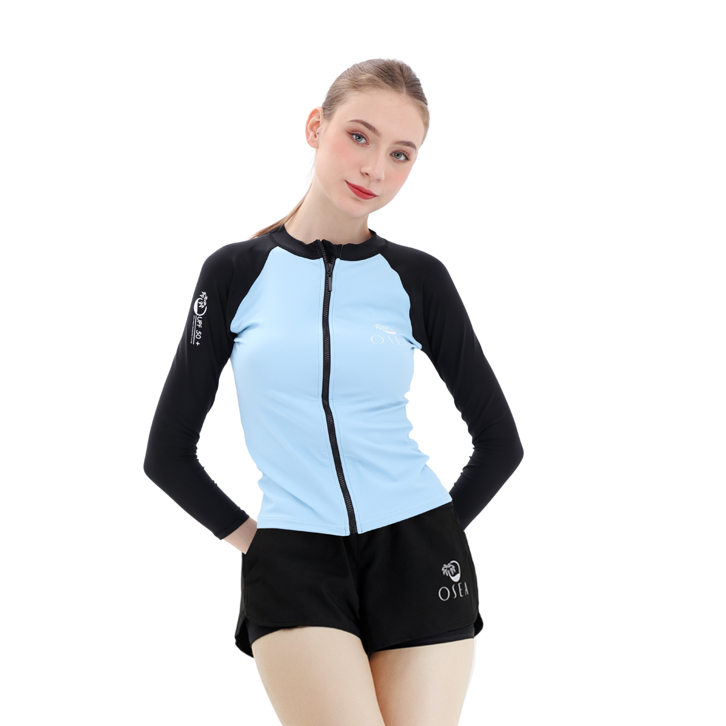 Set áo bơi dây kéo chống nắng kèm quần hai lớp - Black Iceberg Zipper & Active Short Set
