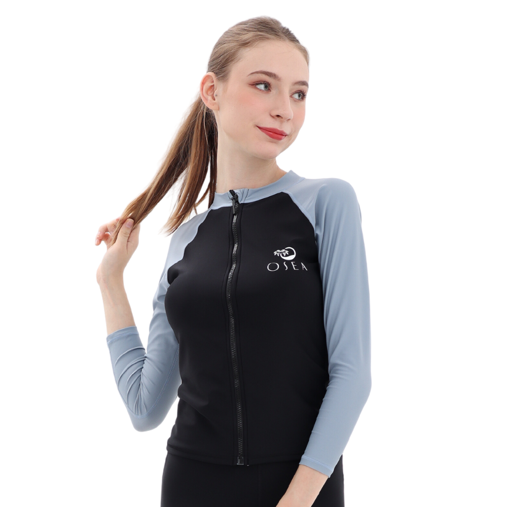 Áo bơi dây kéo chống nắng - Đen Xám - Black Sea Foam Zipper Long Sleeves UPF50+
