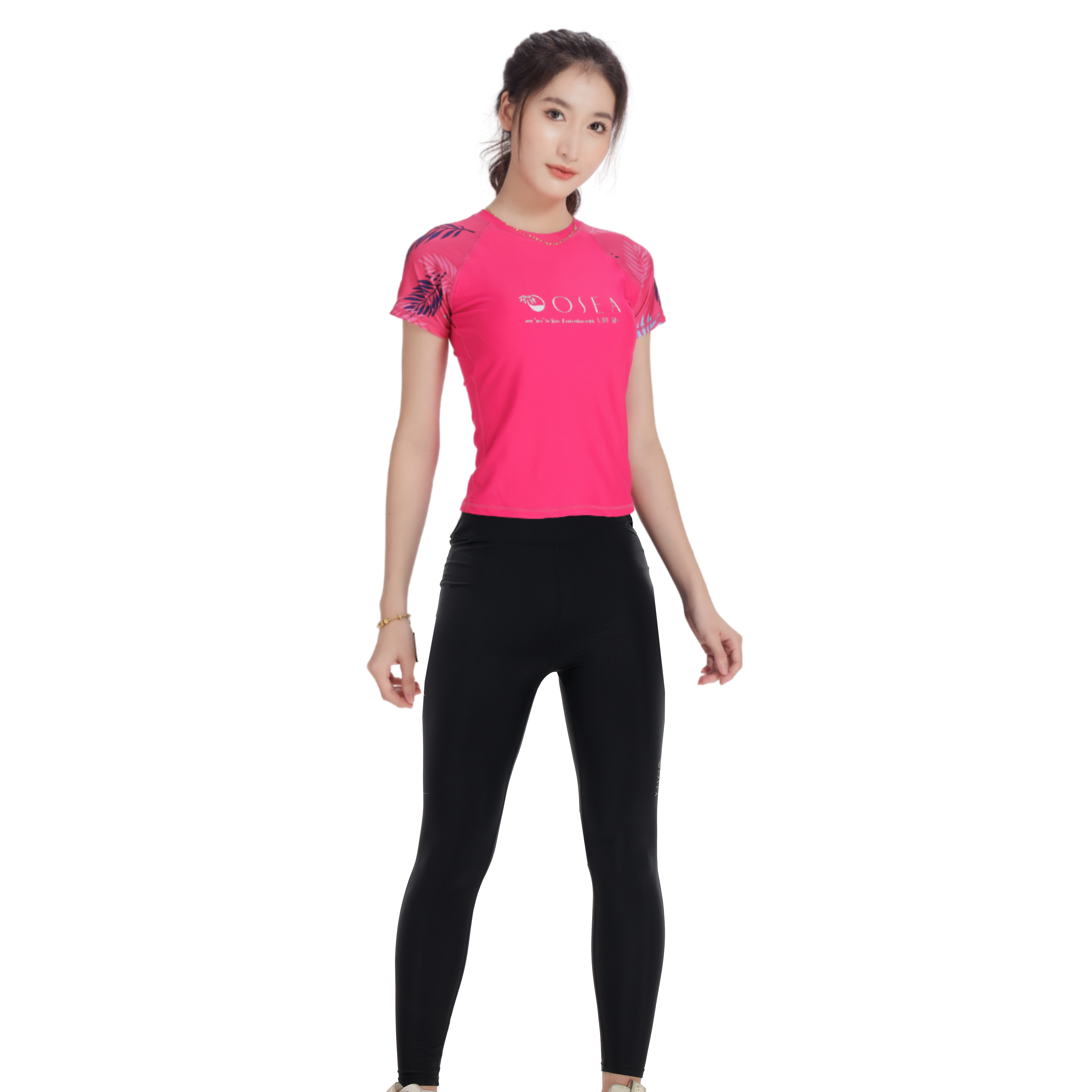 Set đồ bơi áo tay ngắn quần dài đen  - Hồng Đen - Babier Pink Short Sleeves & Long Legging Set
