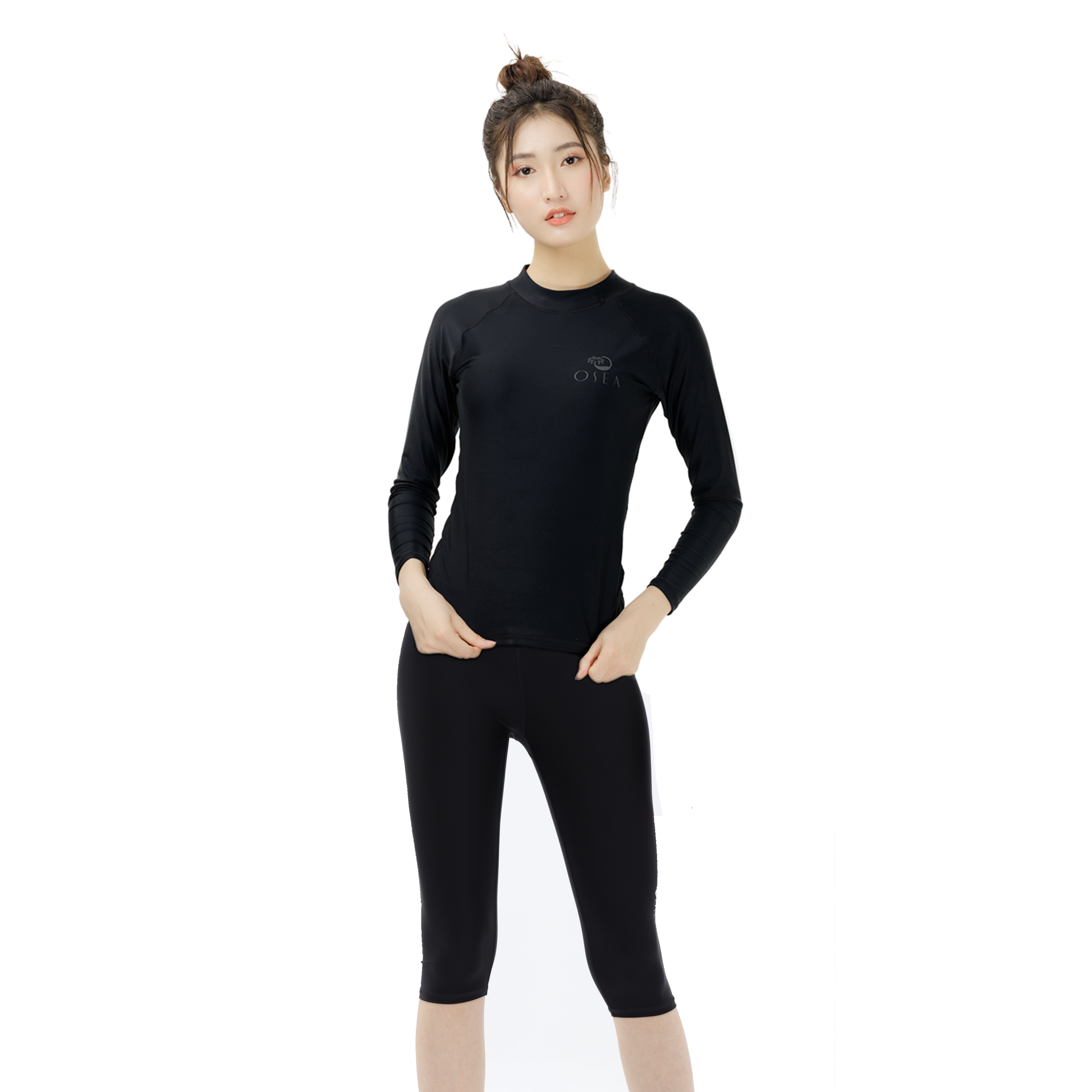 Set áo bơi dài tay quần lửng - Đen - Solid Black Rashguard Length Set